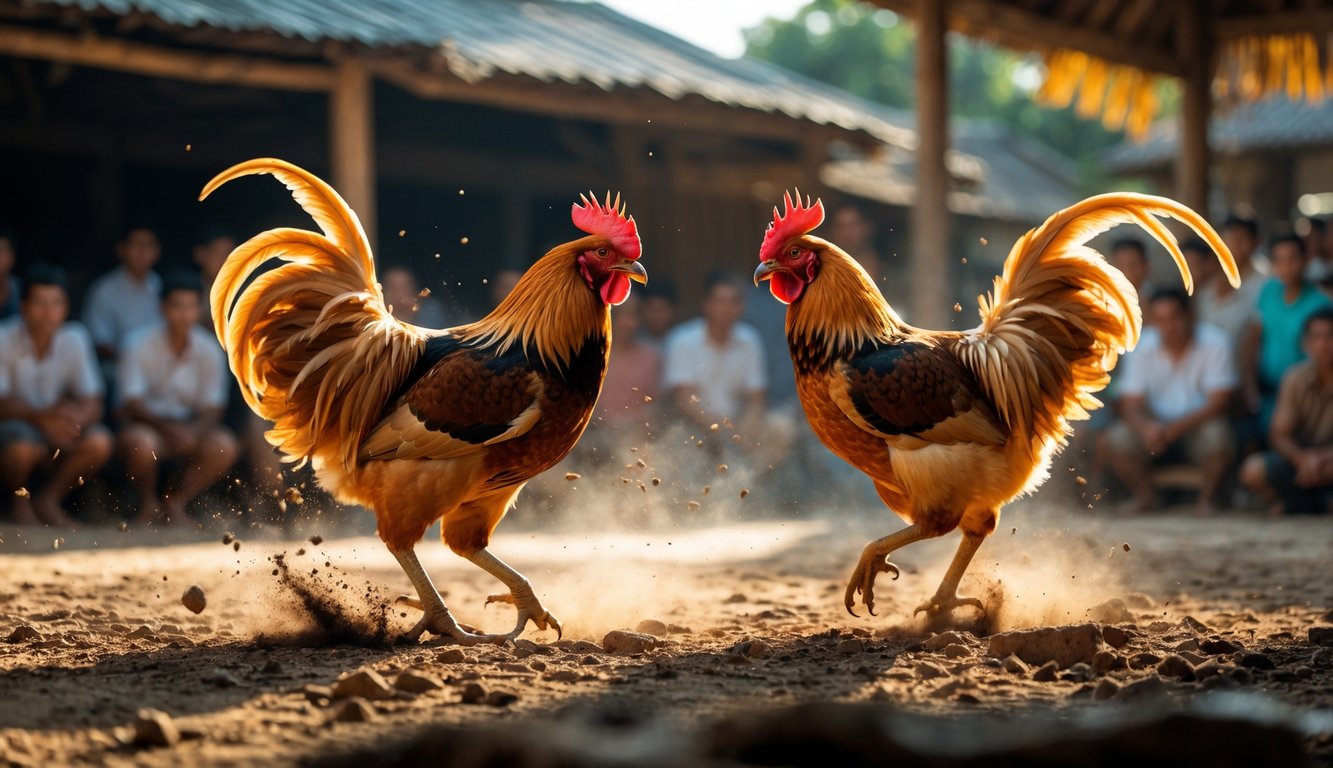 Dua ayam jantan sedang bertarung di arena sabung ayam tradisional dengan penonton di latar belakang.