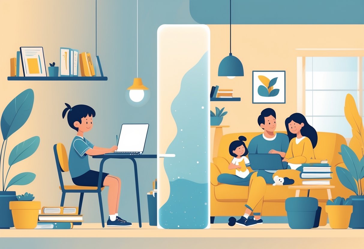 A child studying at a desk on one side and a family spending time together at home on the other, separated by a subtle dividing line.