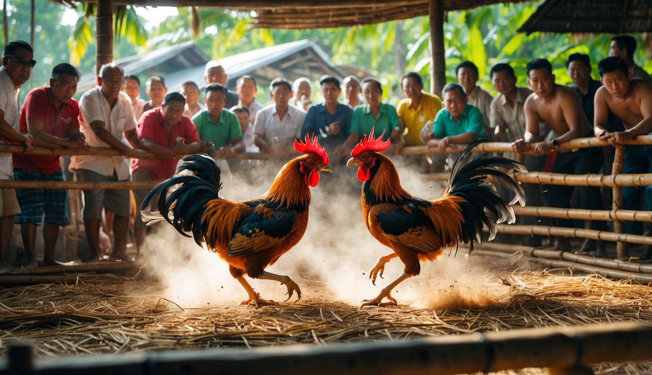 Pertandingan sabung ayam tradisional dengan dua ayam bertarung di arena kayu dan penonton yang memperhatikan dengan serius.
