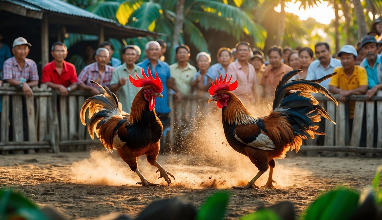 Dua ayam jantan sedang bertarung di luar ruangan dengan sekelompok orang menonton di latar belakang.