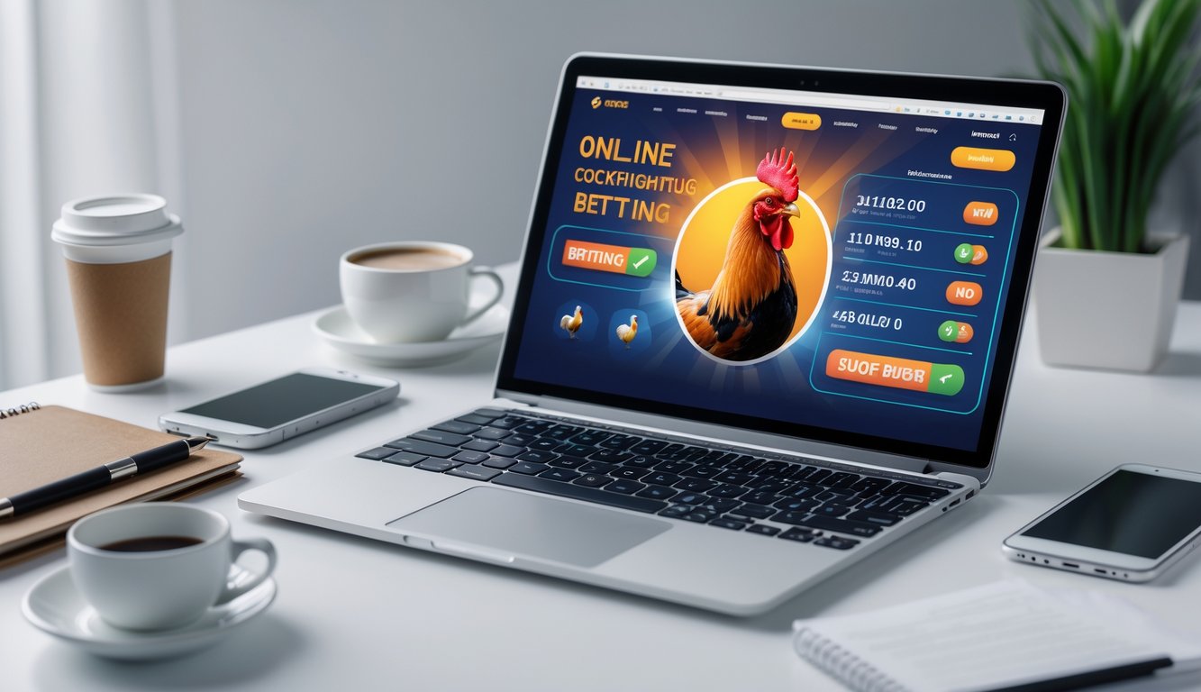 Seorang pria menggunakan laptop di meja kerja dengan layar menampilkan ikon ayam jago dan angka taruhan.