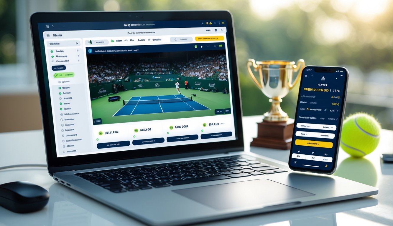 Seorang pria menggunakan laptop dan smartphone untuk taruhan tenis online di meja kerja dengan bola tenis dan piala kecil di sampingnya.