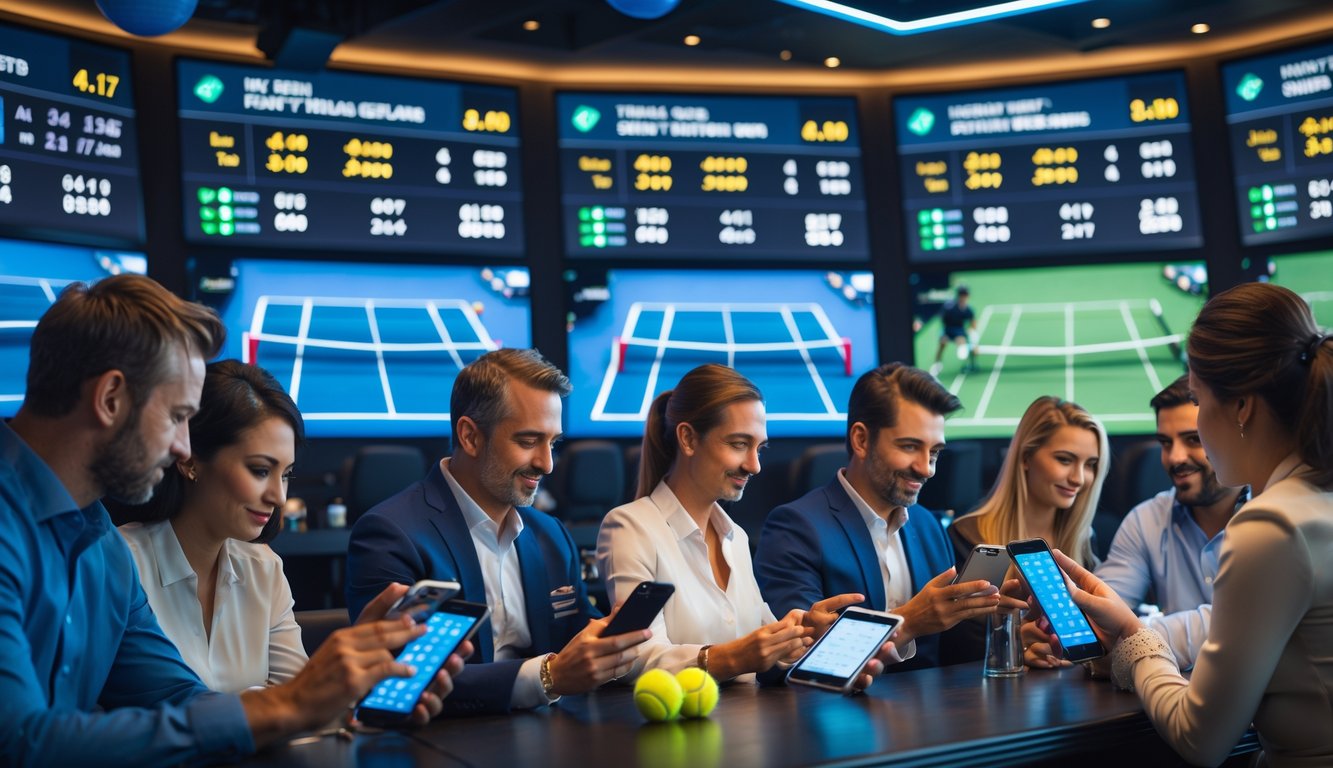 Orang-orang sedang memasang taruhan langsung pada pertandingan tenis menggunakan perangkat elektronik di sebuah tempat taruhan olahraga.