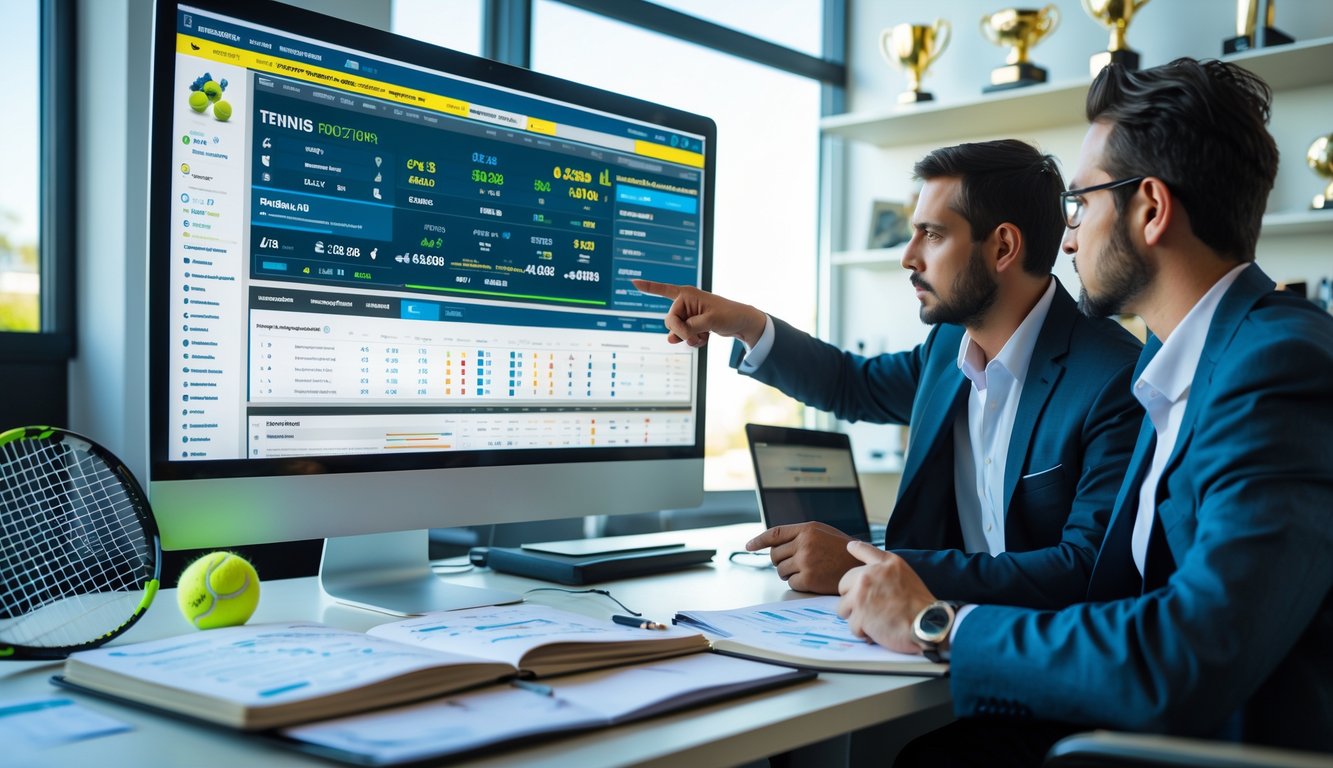 Seorang analis sedang menunjuk layar komputer yang menampilkan statistik pertandingan tenis di sebuah kantor modern.