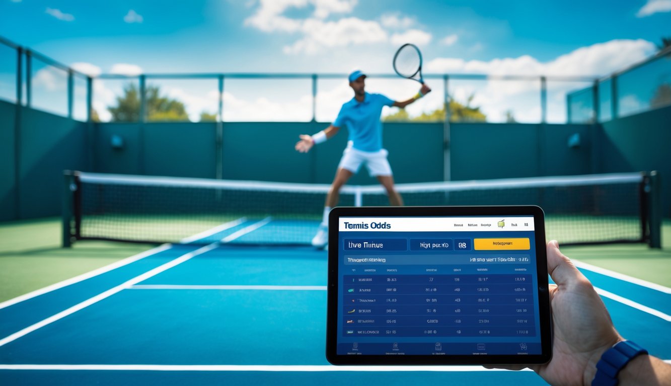 Seorang pemain tenis sedang bersiap melakukan servis di lapangan tenis dengan layar tablet yang menampilkan aplikasi taruhan olahraga di latar depan.