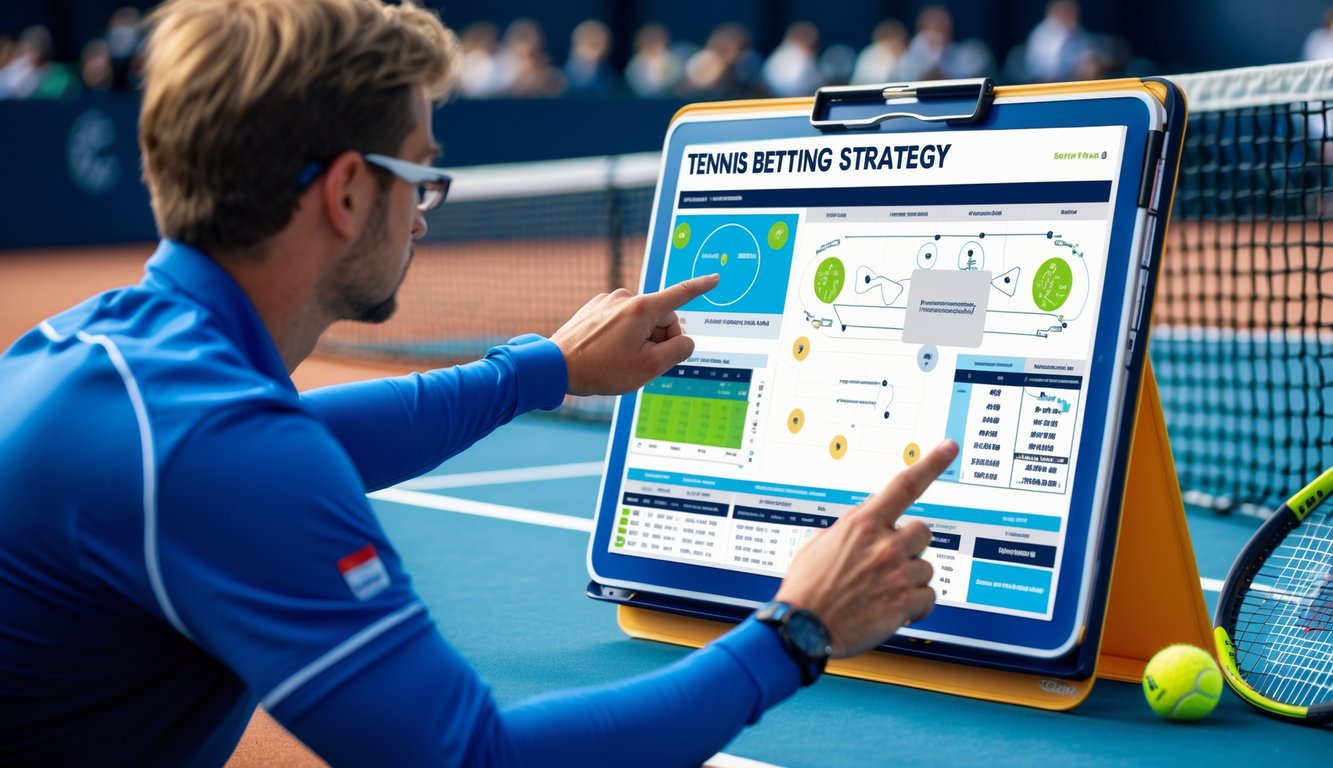 Seorang pelatih dan pemain tenis sedang berdiskusi strategi di lapangan tenis dalam ruangan.