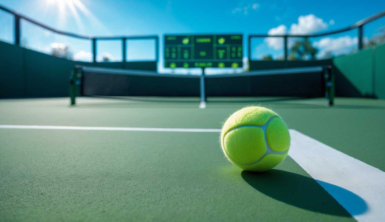 Lapangan tenis modern dengan bola tenis dekat garis batas putih di bawah sinar matahari cerah.
