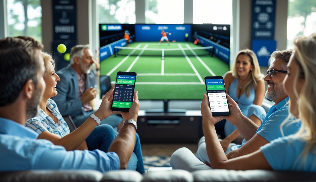Sekelompok orang menonton pertandingan tenis langsung di layar besar sambil menggunakan perangkat untuk taruhan langsung.