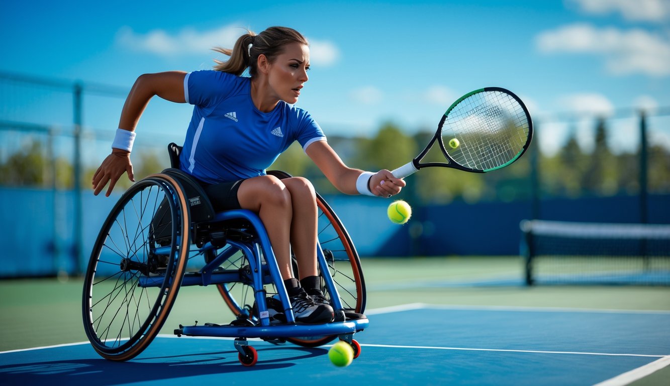 Seorang atlet tenis kursi roda sedang memukul bola di lapangan tenis luar ruangan.