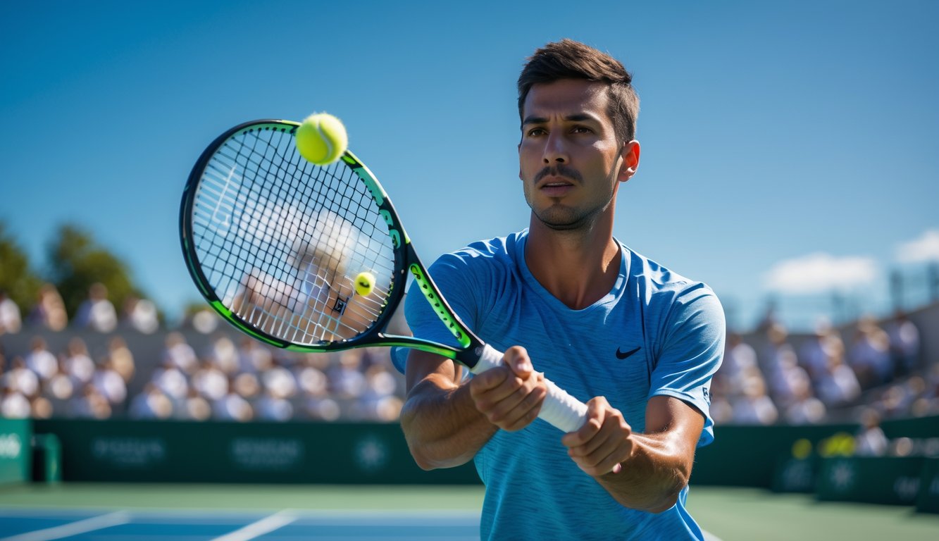 Seorang pemain tenis pria sedang bersiap memukul bola di lapangan tenis luar ruangan yang cerah.