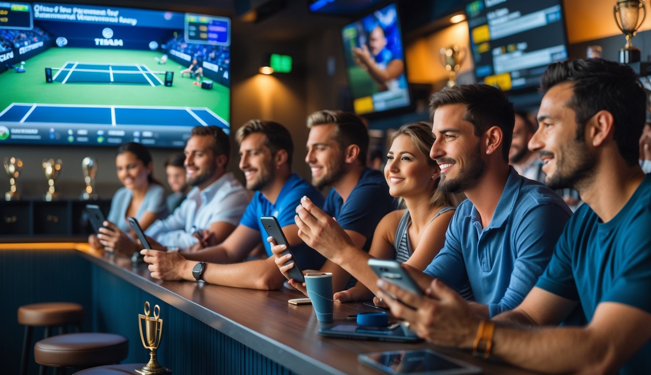 Sekelompok orang menonton pertandingan tenis Grand Slam di layar besar sambil menggunakan ponsel untuk memasang taruhan.