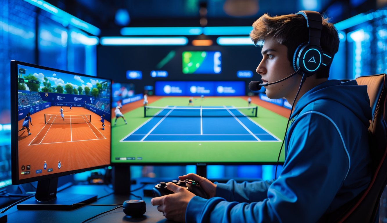 Seorang pria muda bermain tenis esports secara online dengan pengaturan gaming modern dan monitor yang menampilkan permainan tenis.