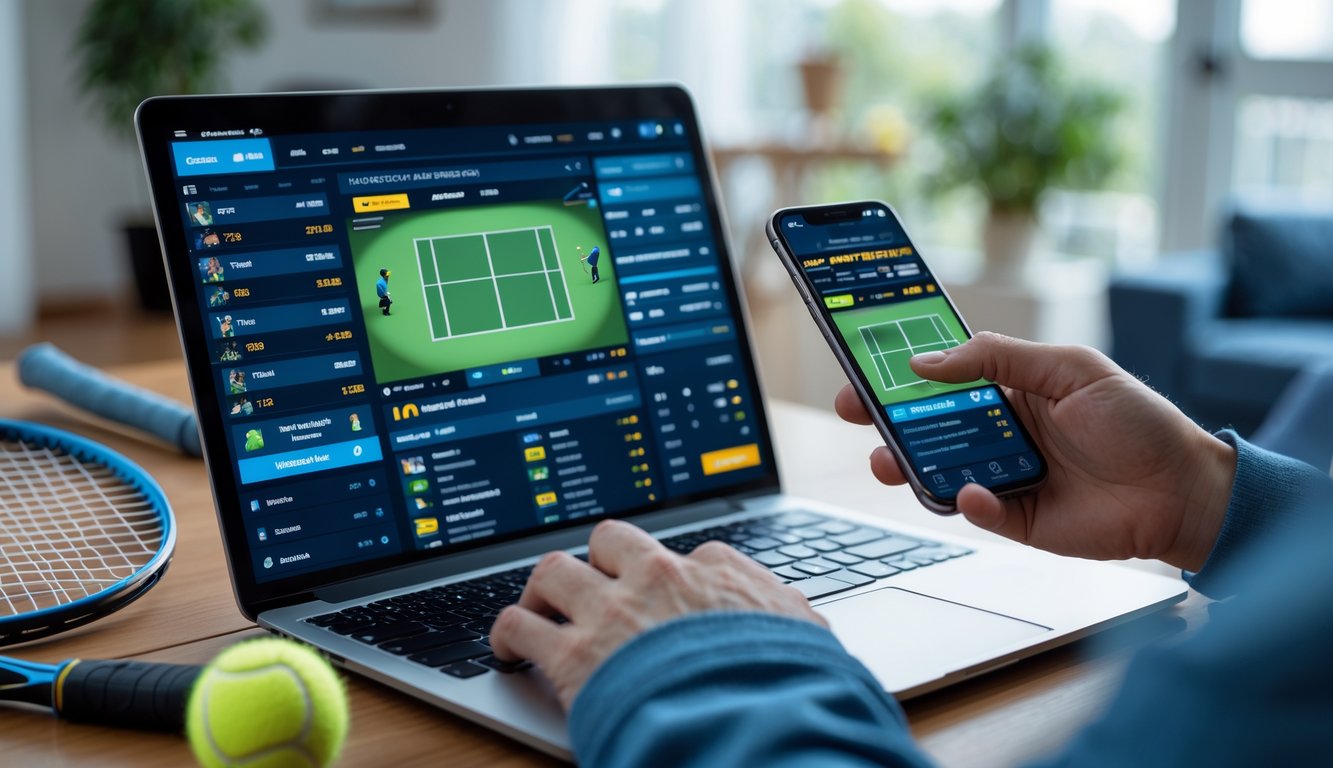 Seseorang sedang menggunakan laptop dan ponsel untuk bertaruh pada pertandingan tenis virtual di ruangan yang terang dengan dekorasi tenis di sekitar.