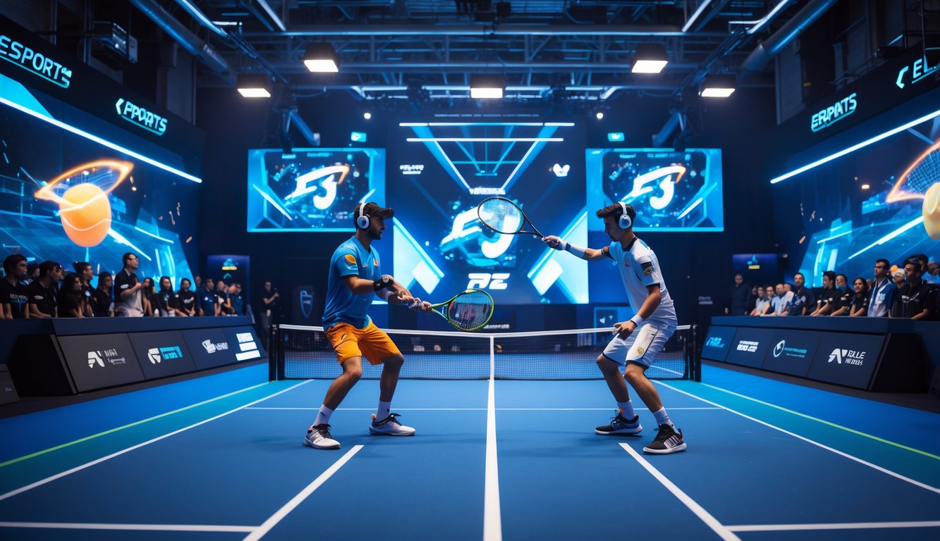 Dua pemain tenis esports sedang bertanding di lapangan tenis dalam ruangan dengan layar digital dan penonton di latar belakang.