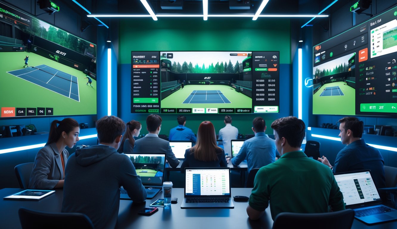 Beberapa orang muda sedang menggunakan perangkat elektronik untuk memasang taruhan pada pertandingan tenis esports di ruangan dengan pencahayaan modern.