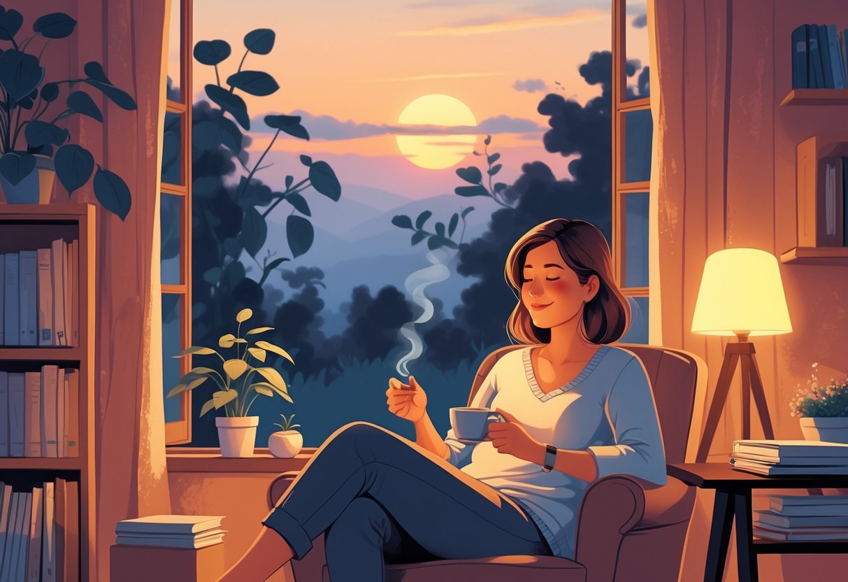 A teacher relaxing in a cozy home in the evening, sitting in an armchair with a cup of tea, a book nearby, and a window showing a sunset.