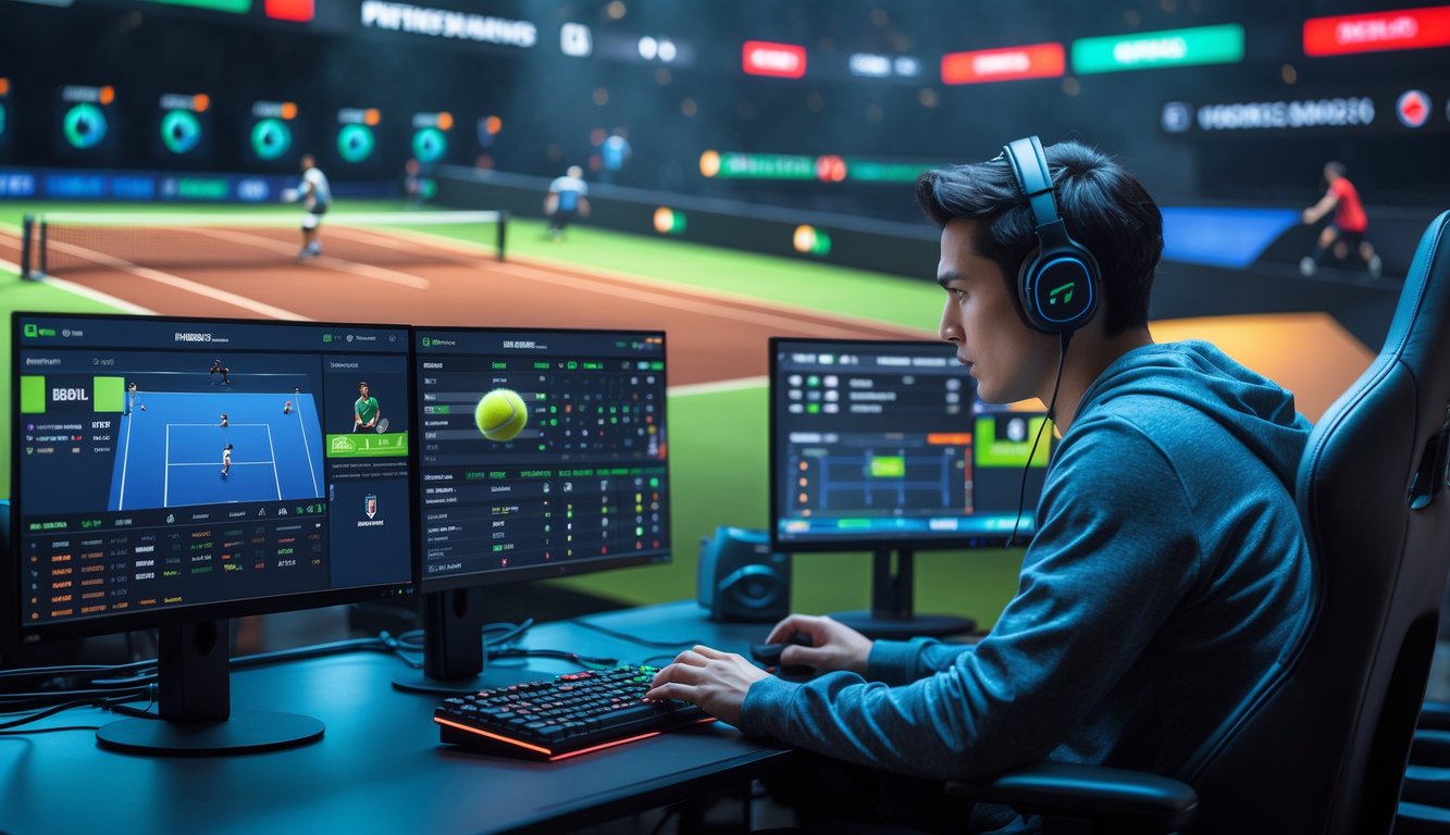 Seorang analis esports muda sedang duduk di depan komputer dengan layar menampilkan statistik dan permainan tenis esports, di latar belakang terlihat arena esports dengan efek pencahayaan.