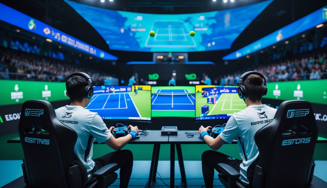 Dua pemain esports sedang bermain tenis virtual di arena esports dengan layar besar dan pencahayaan modern.