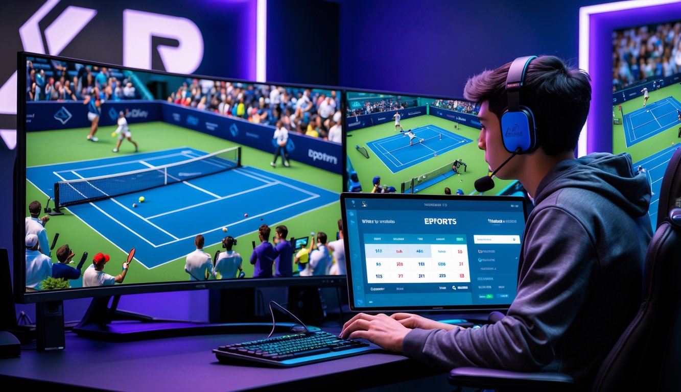 Seorang pemain esports muda duduk di depan komputer dengan layar menampilkan pertandingan tenis virtual dan layar lain menunjukkan antarmuka taruhan langsung.