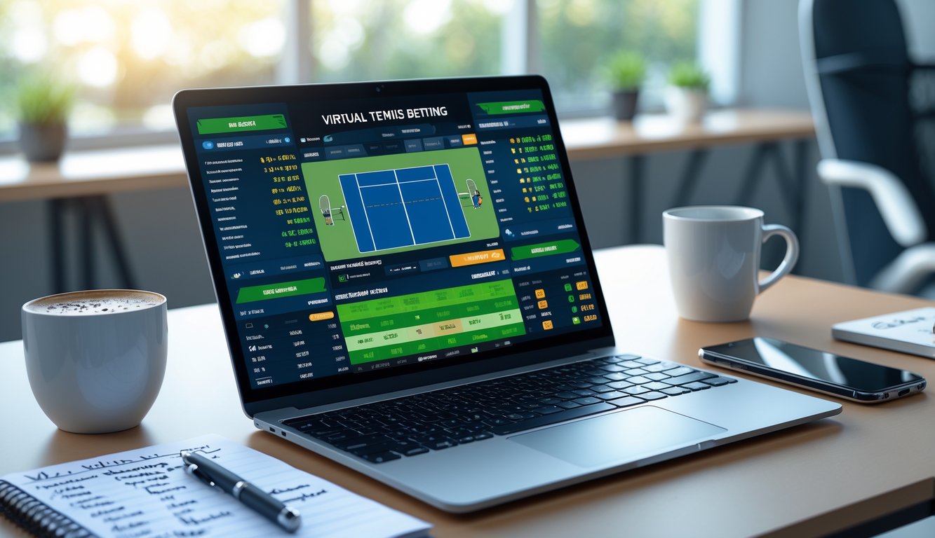 Meja kerja dengan laptop yang menampilkan statistik pertandingan tenis virtual, catatan tertulis, kopi, dan ponsel yang menunjukkan pertandingan tenis virtual.