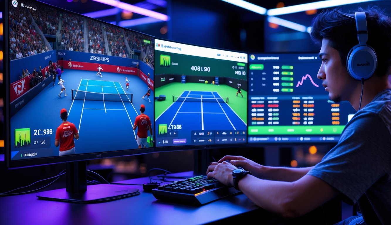 Seorang pemuda fokus bermain dan bertaruh langsung pada pertandingan tenis esports di depan beberapa layar komputer.