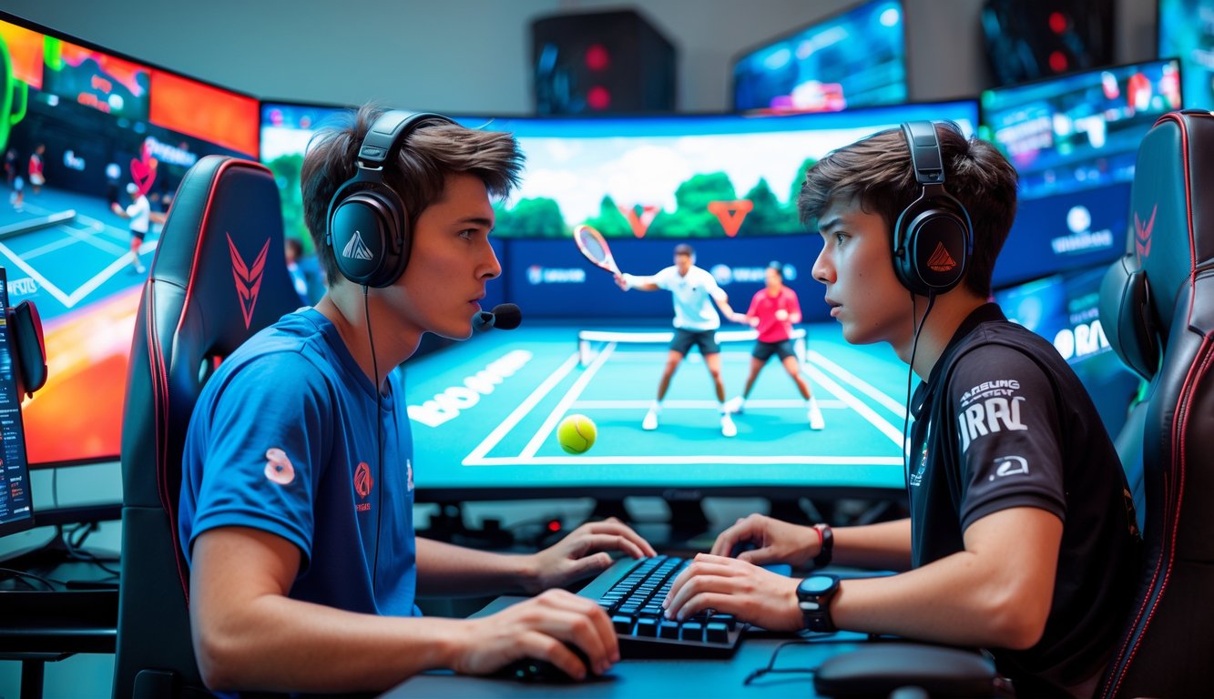 Dua pemain esports sedang fokus bermain tenis virtual di depan layar komputer dengan perlengkapan gaming di ruangan modern.