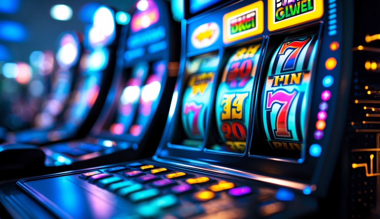 Layar komputer menampilkan permainan slot online dengan simbol berwarna cerah dan latar belakang kabur.