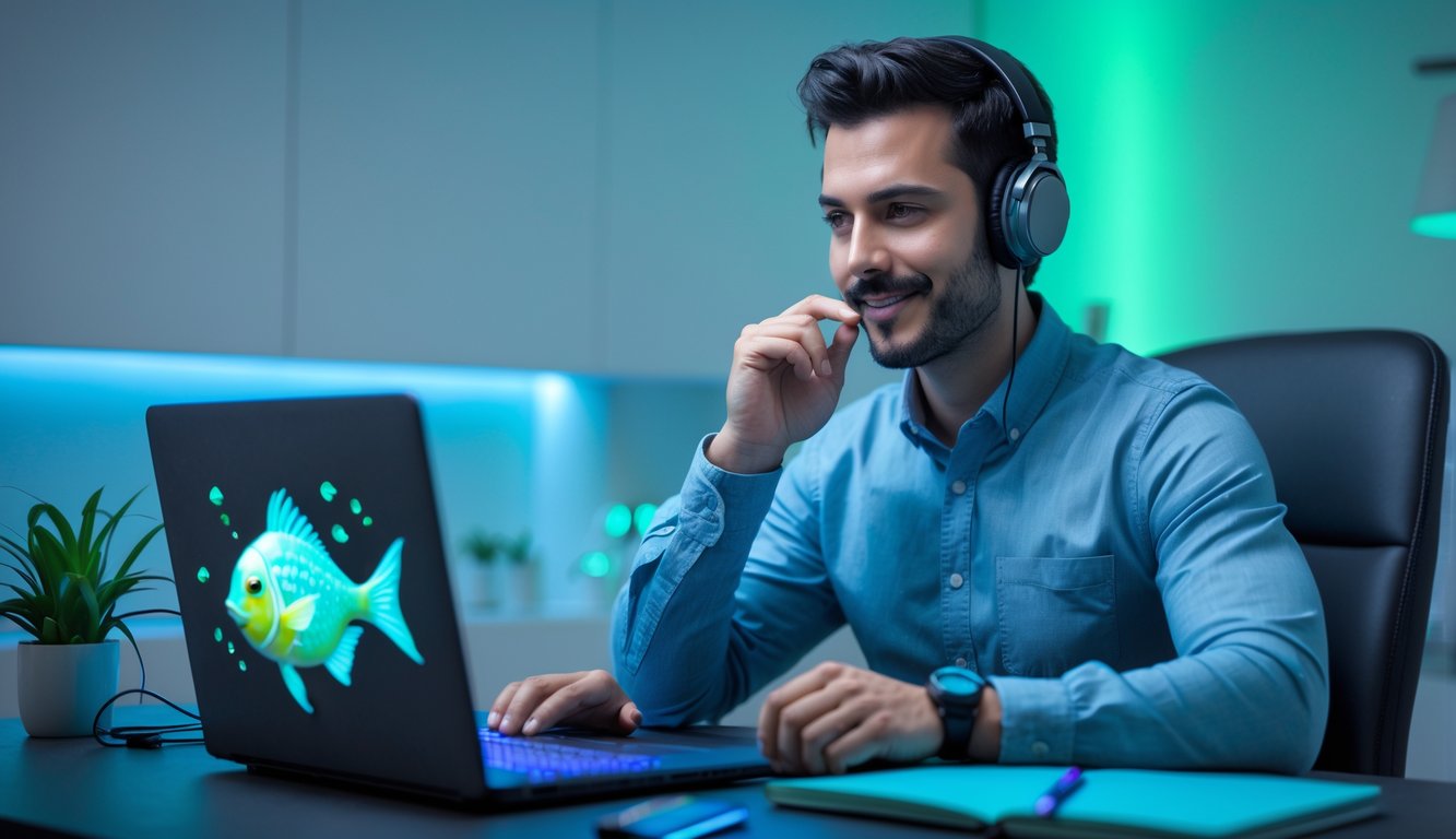 Seorang pria duduk di meja modern sambil fokus bermain permainan judi ikan secara online di laptopnya.