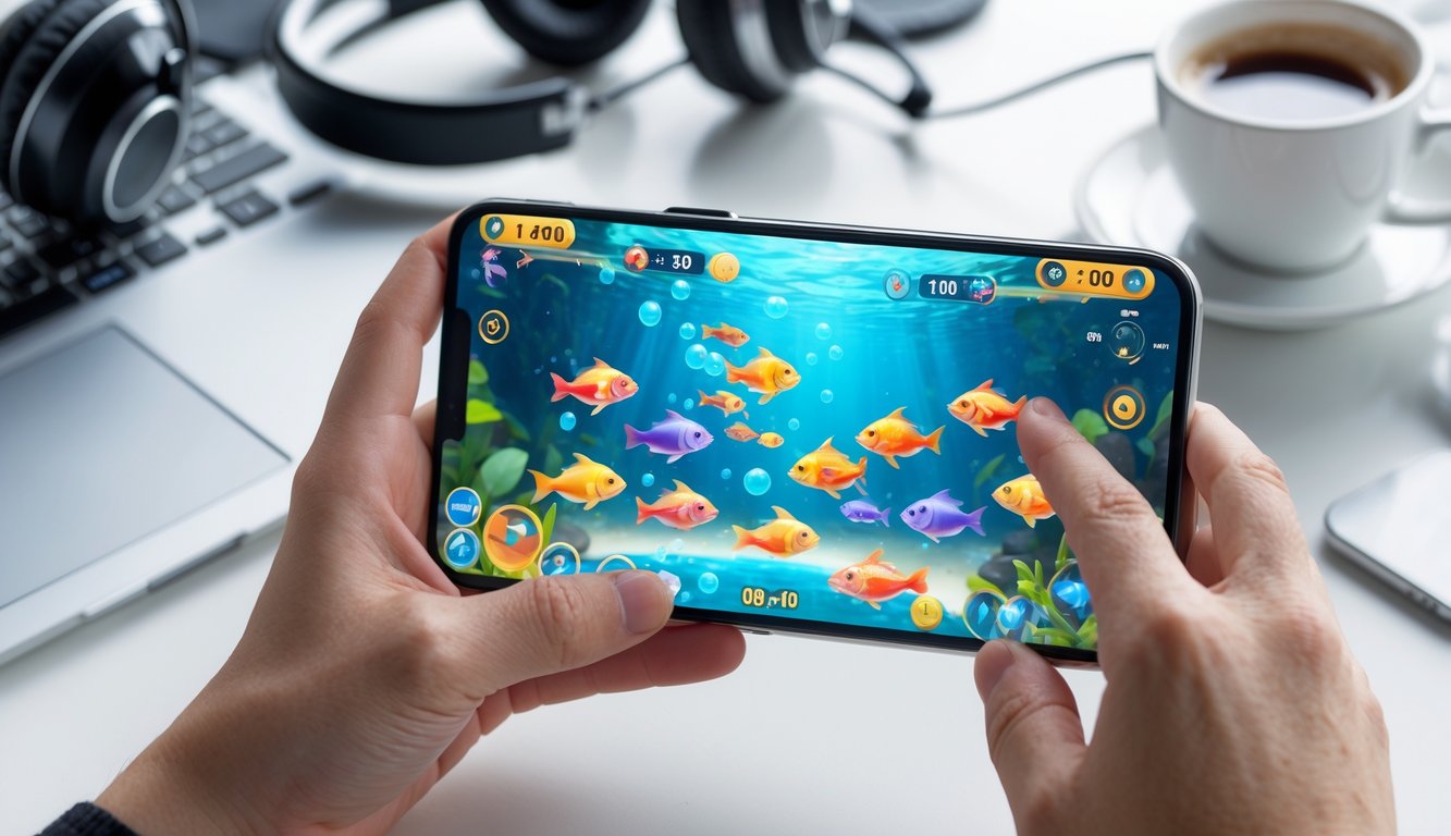 Seseorang sedang bermain game ikan di ponsel di meja kerja dengan suasana yang terang dan rapi.