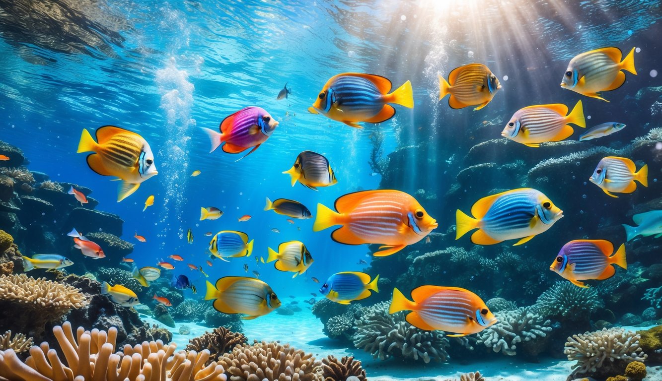 Pemandangan bawah laut dengan terumbu karang berwarna-warni dan ikan tropis yang berenang di air jernih.