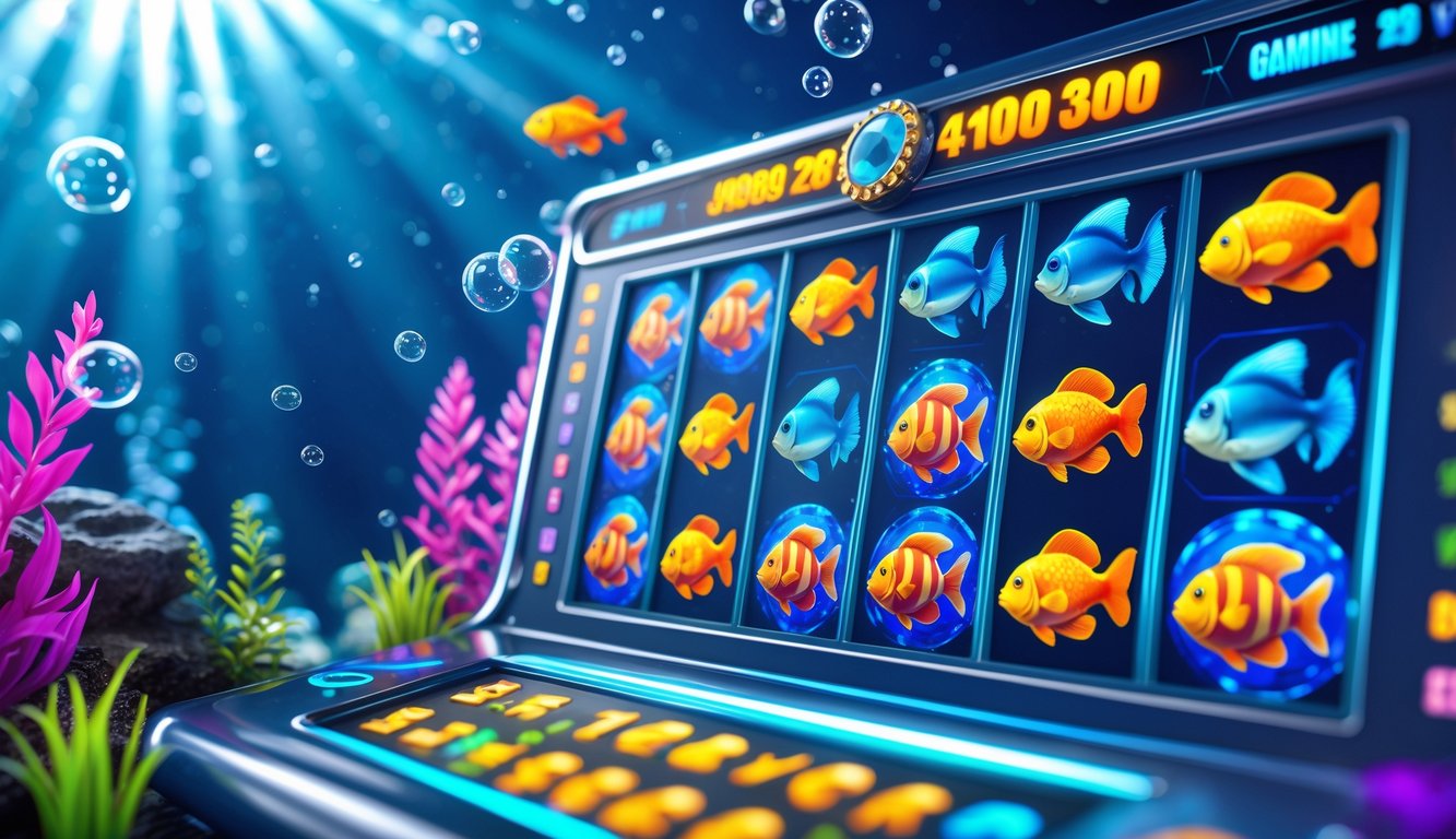 Antarmuka permainan slot online dengan simbol ikan berwarna-warni di latar bawah laut biru.