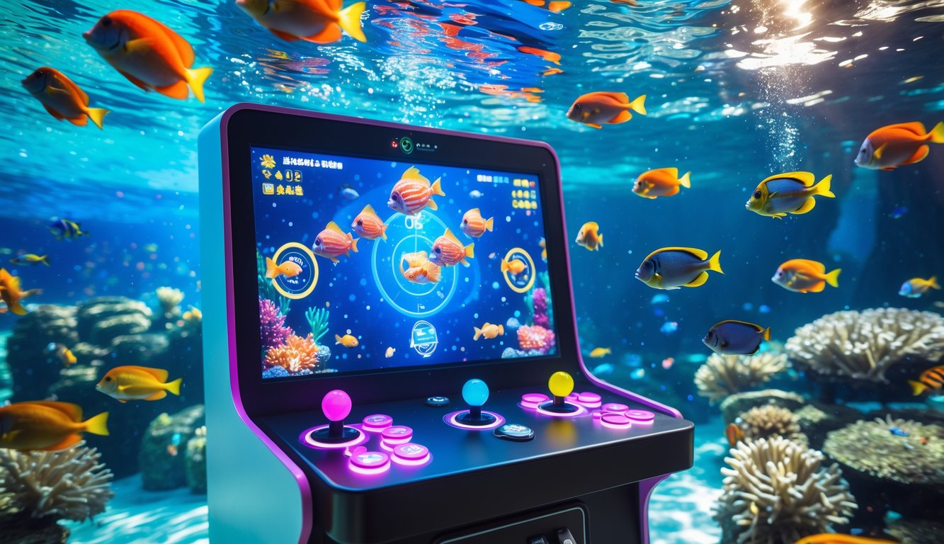 Adegan bawah laut dengan berbagai ikan tropis berwarna-warni di sekitar terumbu karang dan mesin permainan arkade modern dengan layar cerah di latar depan.