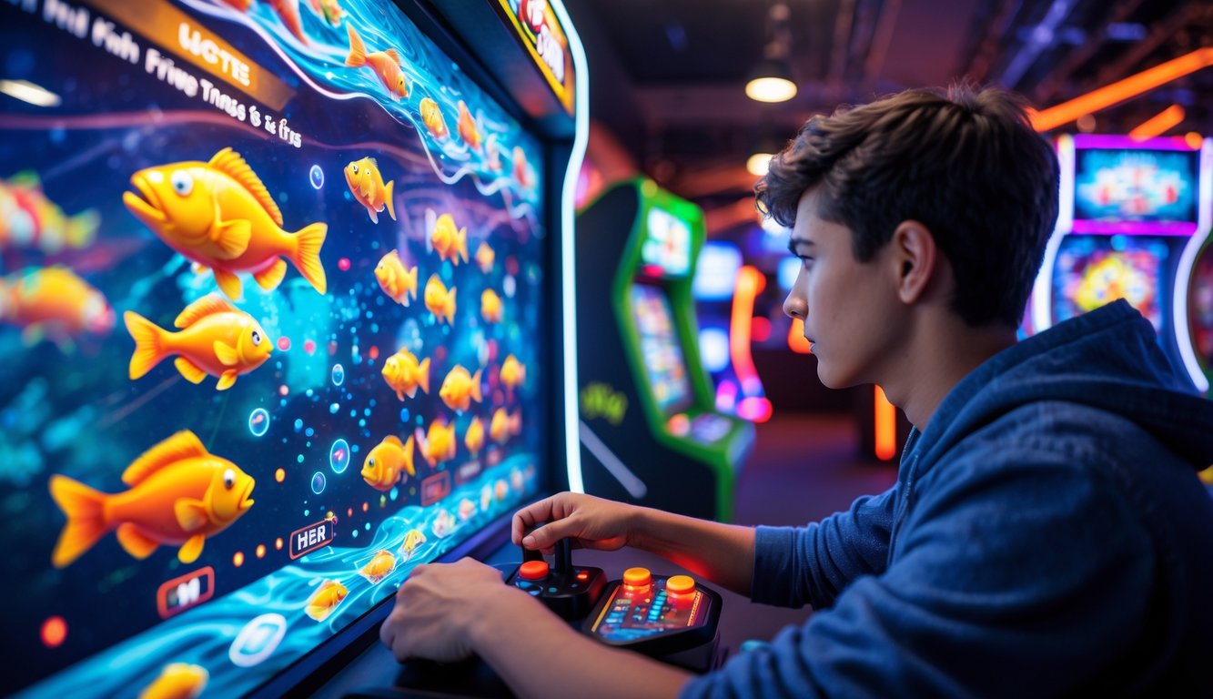 Seorang pemain muda fokus memainkan permainan menembak ikan di arcade dengan layar penuh warna dan lampu neon di sekitar.