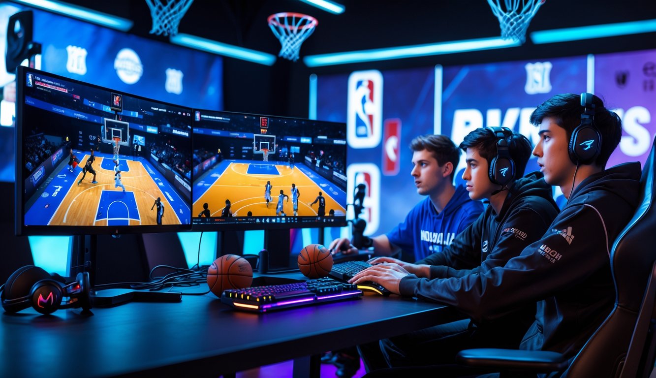 Sejumlah pemain muda sedang bermain game esports bertema NBA di depan layar komputer dengan perlengkapan gaming lengkap di ruangan modern.