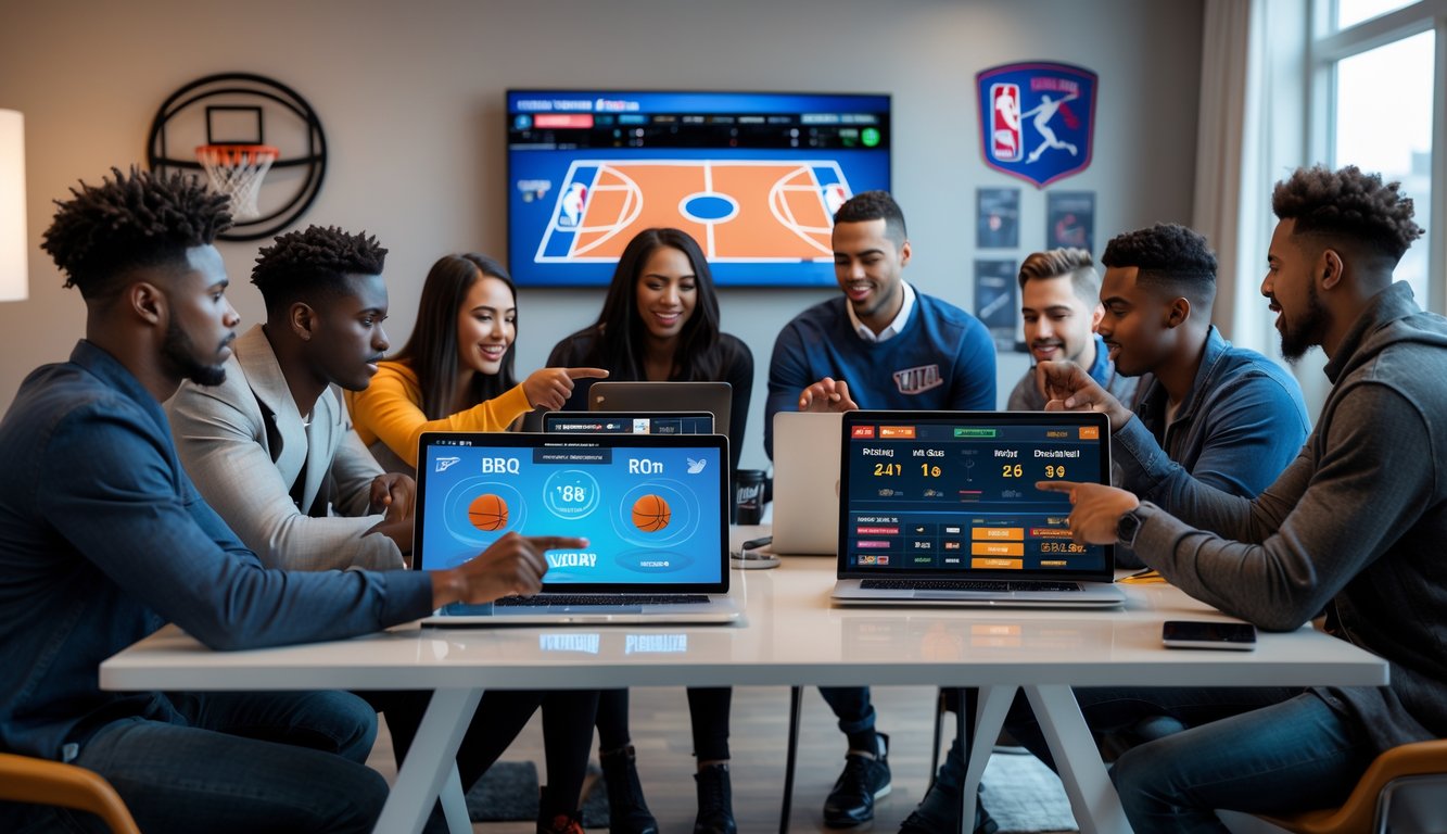 Sekelompok orang muda sedang menggunakan perangkat digital untuk bertaruh secara virtual pada pertandingan NBA di ruangan modern.