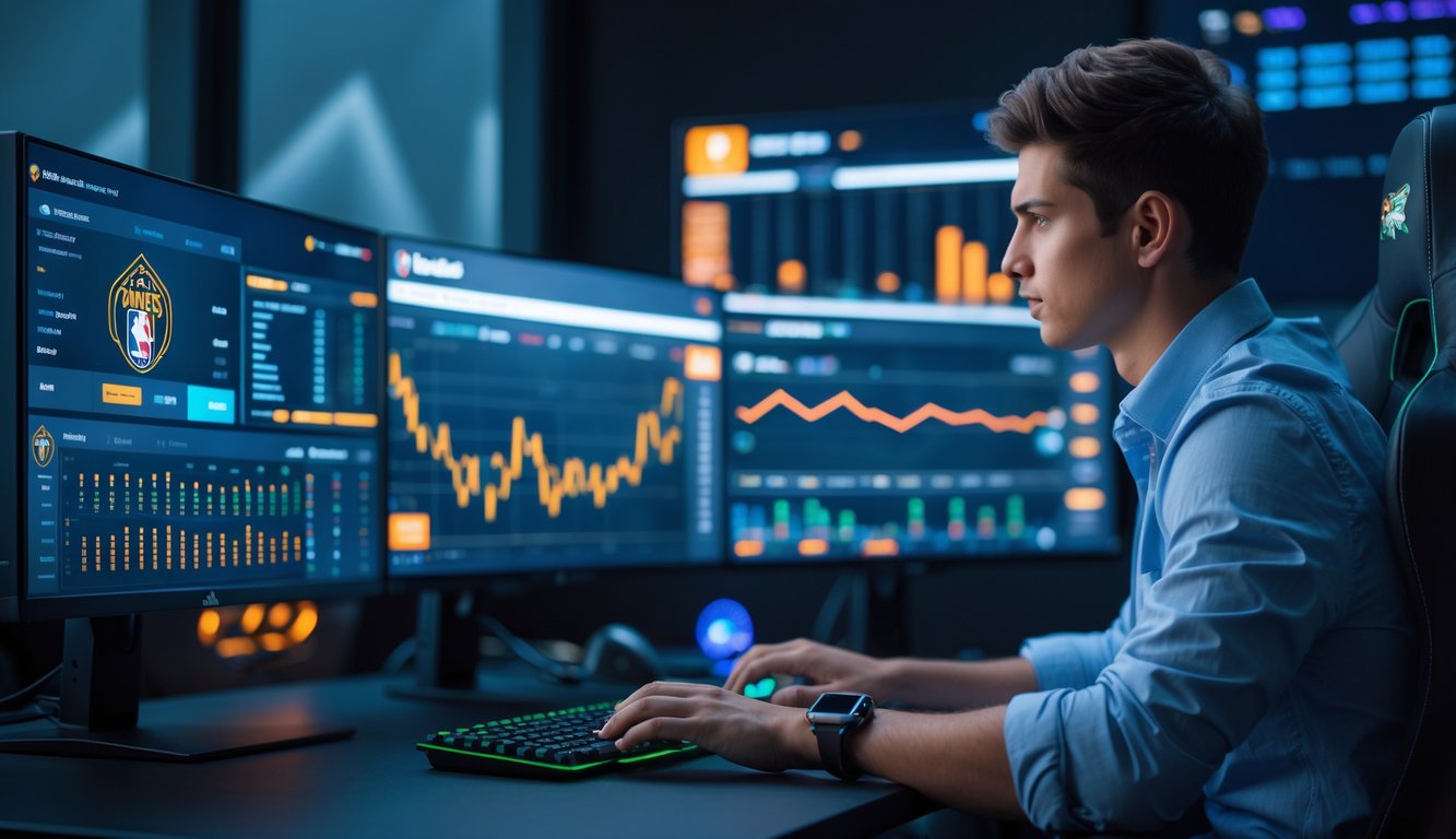 Seorang analis esports sedang bekerja dengan beberapa layar komputer yang menampilkan permainan NBA esports dan data prediksi.