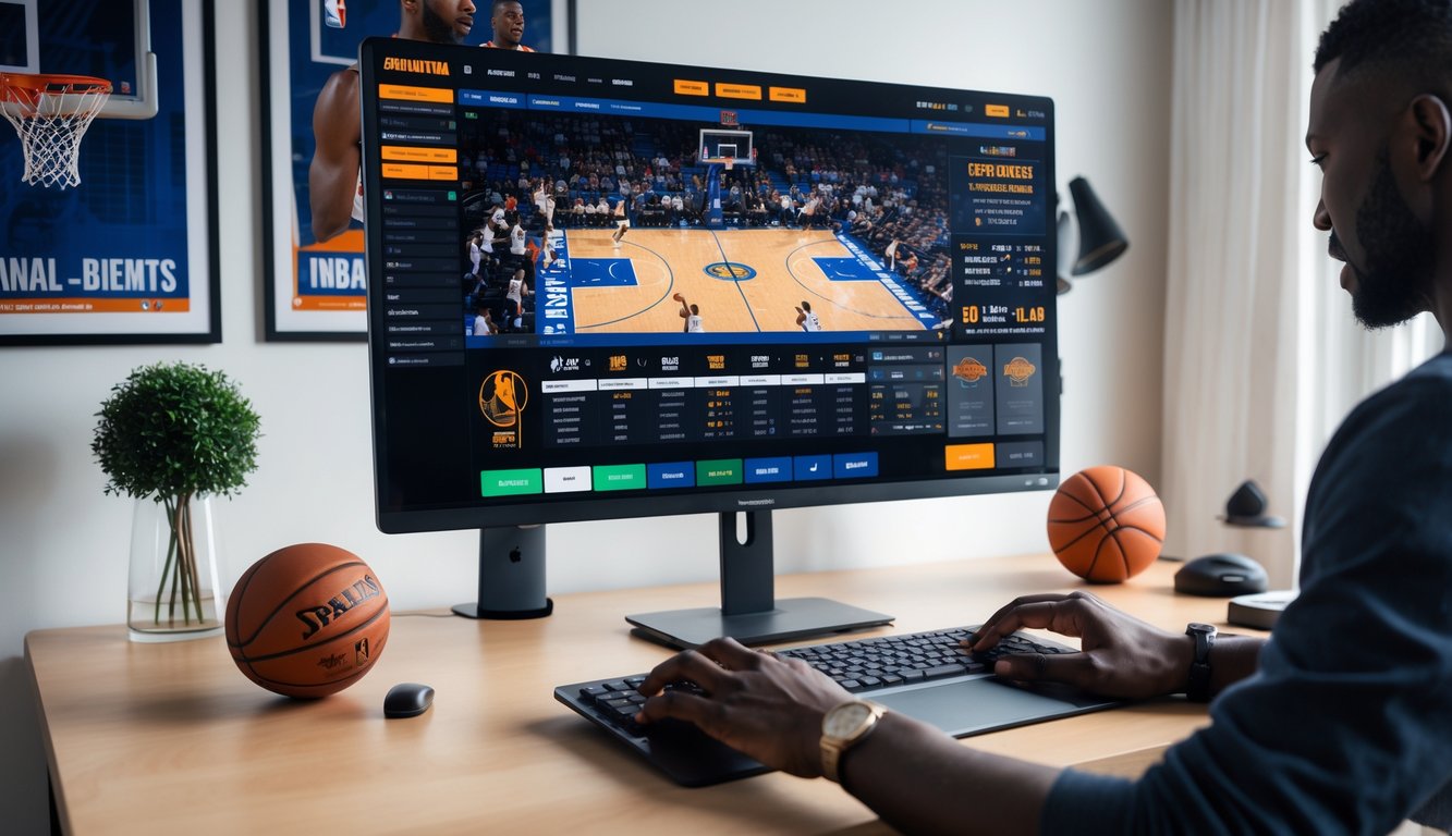 Seseorang menggunakan komputer untuk memasang taruhan pada pertandingan NBA secara online di sebuah ruang kerja modern.