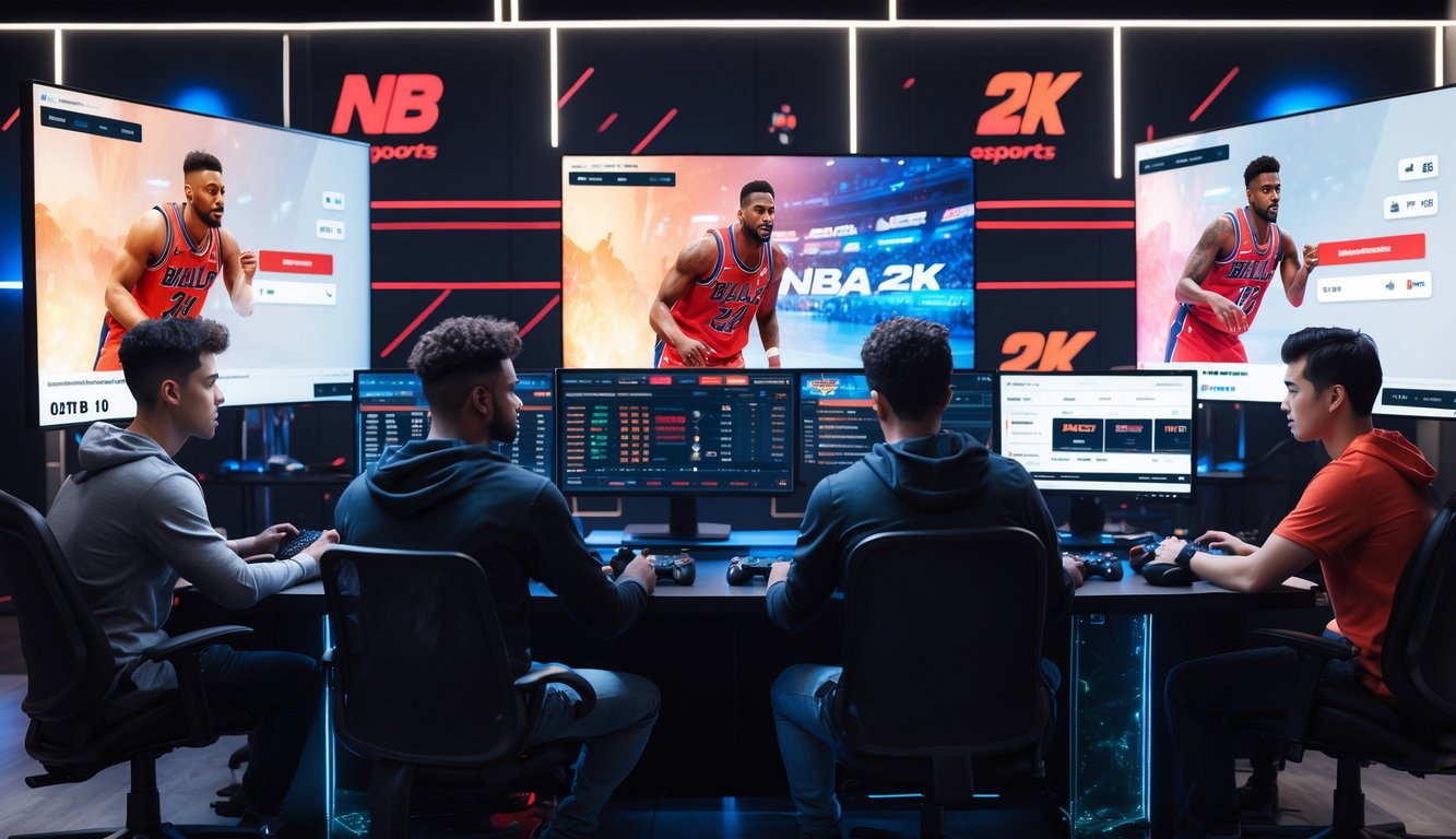 Sekelompok orang muda duduk di sekitar meja dengan monitor dan laptop yang menampilkan permainan NBA 2K dan aktivitas taruhan esports.