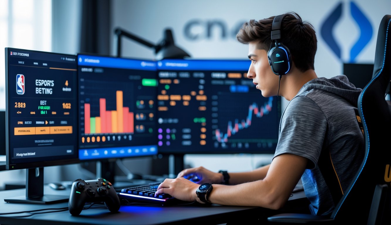 Seorang pria muda sedang duduk di depan beberapa layar komputer yang menampilkan pertandingan esports NBA dan data taruhan, di sebuah ruang kerja modern.