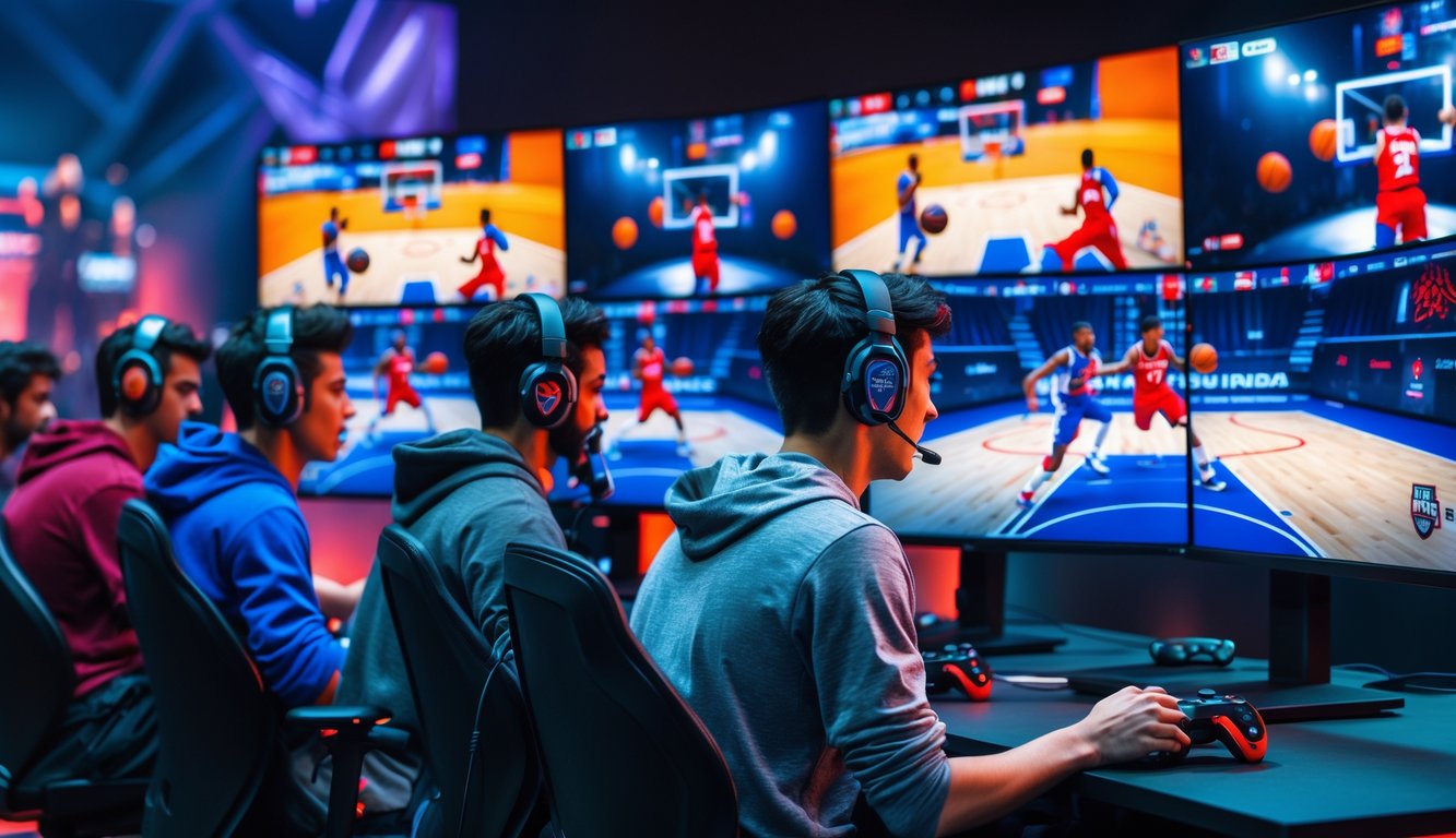 Beberapa orang muda bermain game esports bola basket di depan layar komputer besar dengan latar belakang studio olahraga modern.