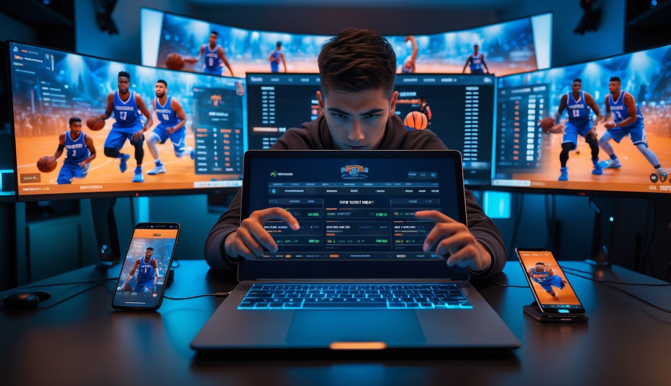 Seorang muda sedang menggunakan laptop dan ponsel di ruangan gaming dengan layar menampilkan pertandingan NBA esports dan peluang taruhan.