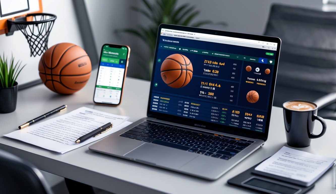Meja kerja dengan laptop menampilkan statistik bola basket virtual dan smartphone dengan skor langsung, di sekitar terdapat catatan dan bola basket kecil.