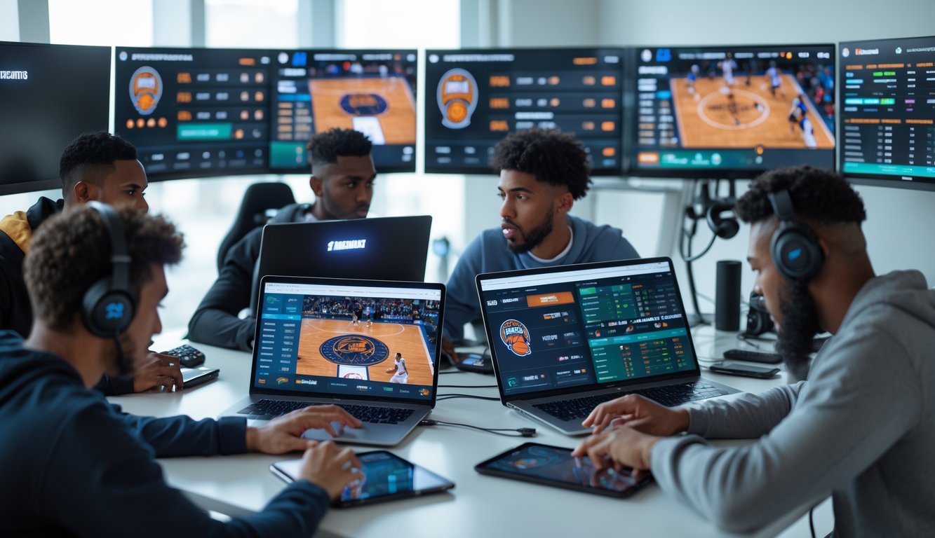 Sekelompok orang muda sedang menggunakan perangkat digital untuk melihat pertandingan NBA dan esports serta memasang taruhan dalam ruangan modern.