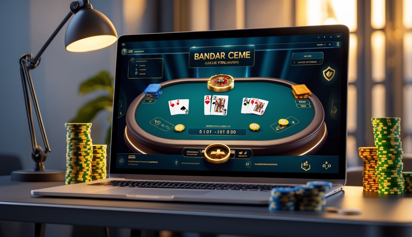 Sebuah layar perangkat menampilkan permainan Bandar Ceme dengan kartu dan chip, di ruang kerja modern yang terang dan rapi.