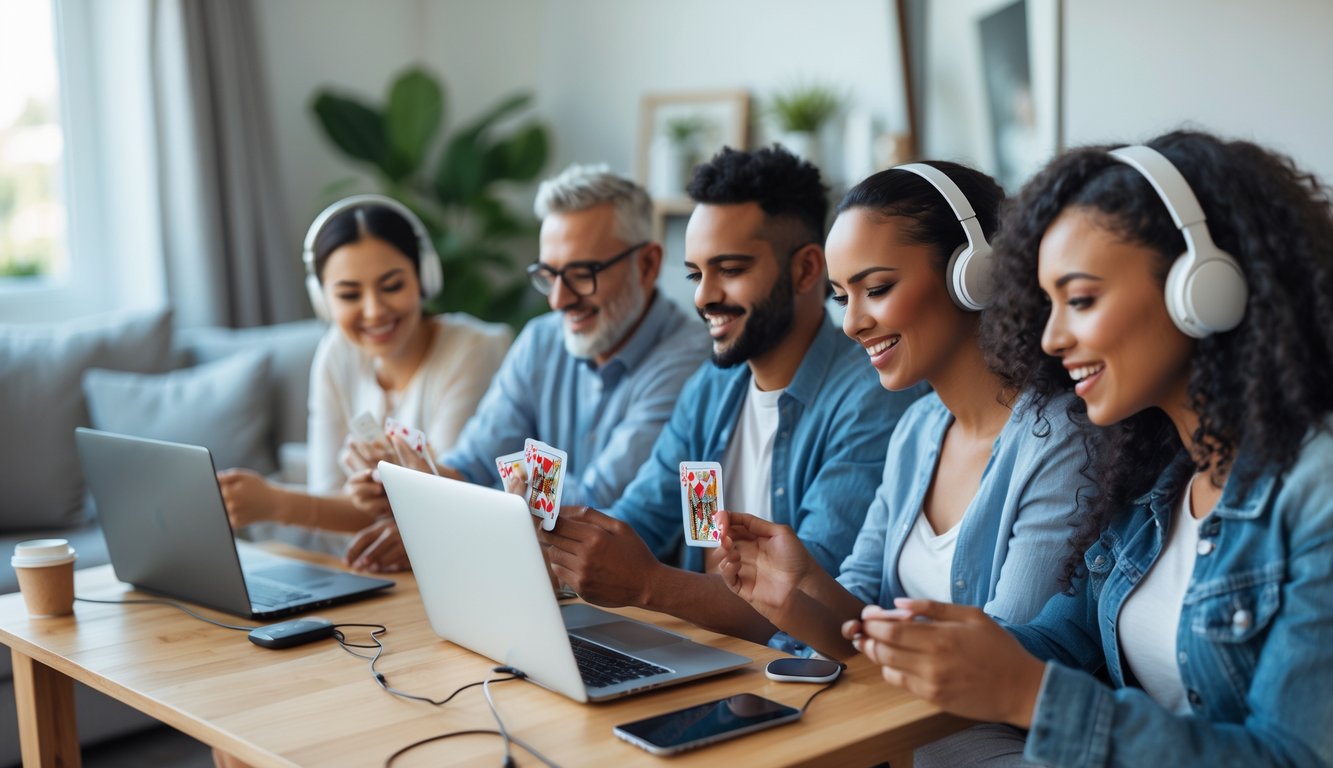 Beberapa orang bermain permainan kartu secara online menggunakan laptop dan ponsel di ruang tamu yang terang dan nyaman.