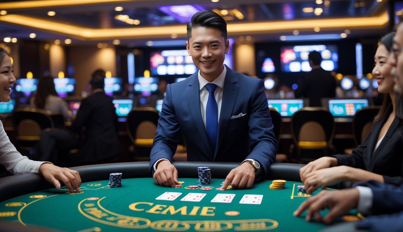 Seorang dealer profesional sedang mengelola permainan Ceme di meja kasino dengan pemain yang memperhatikan.