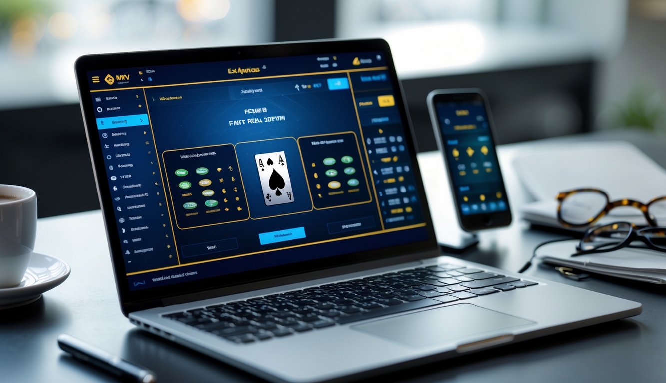 Seorang pemain menggunakan laptop dan ponsel untuk bermain game kartu online dengan uang asli di meja kerja yang rapi.