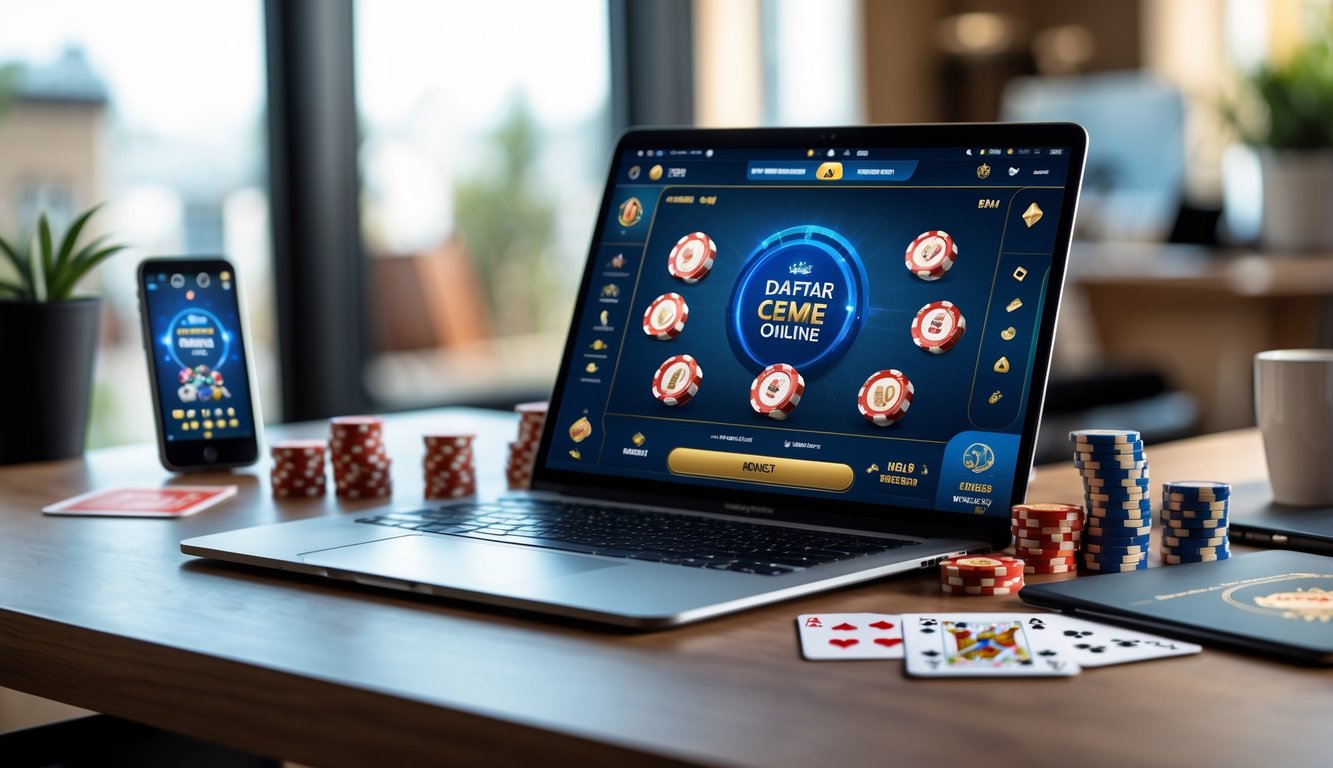 Seorang pengguna sedang bermain permainan kartu online dengan laptop dan ponsel di meja kerja yang rapi.