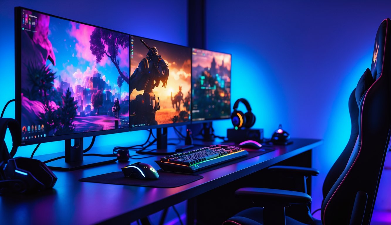 Sebuah setup gaming modern dengan monitor, keyboard, mouse, dan kursi gaming dalam ruangan yang terang dan rapi.
