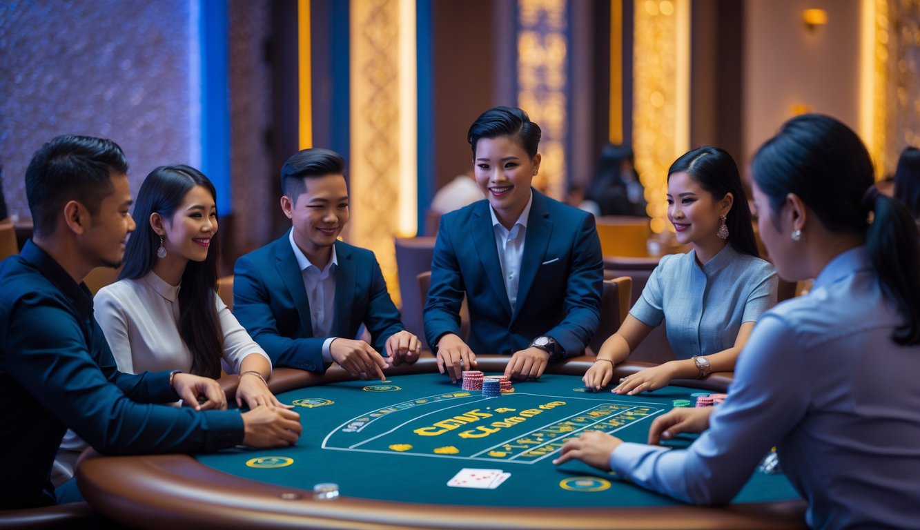 Suasana kasino langsung di Indonesia dengan pemain yang sedang bermain permainan kartu Ceme di meja kasino modern.